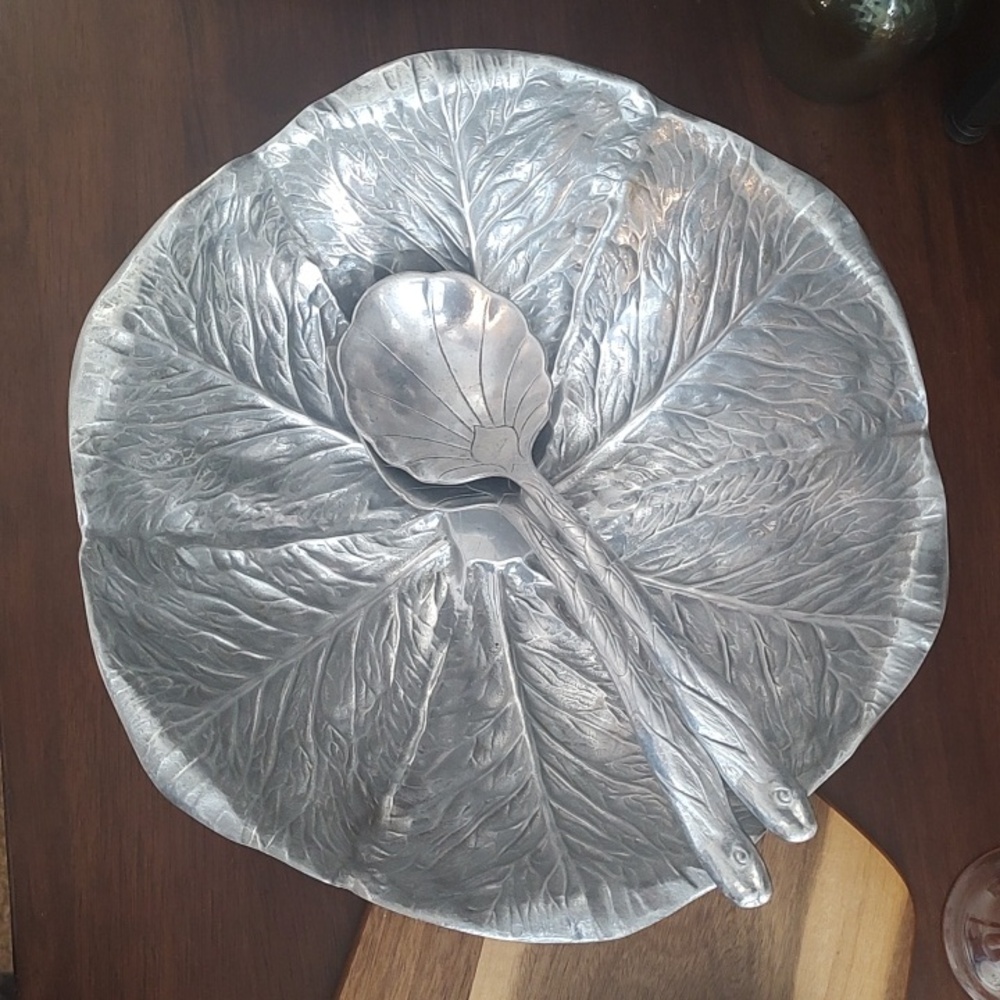 Cabbage Bowl With Rabbit Spoons Pewter Metal Artistic Serving Art 🥬 Vintage